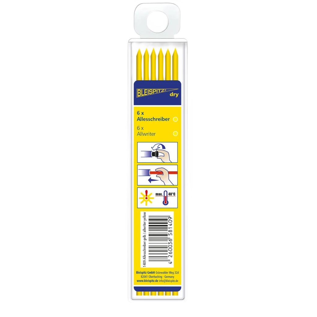 Bleispitz dry 2in1 Tiefloch-Marker & Druckbleistift 6x Allesschreiber Gelbe Ersatzminen