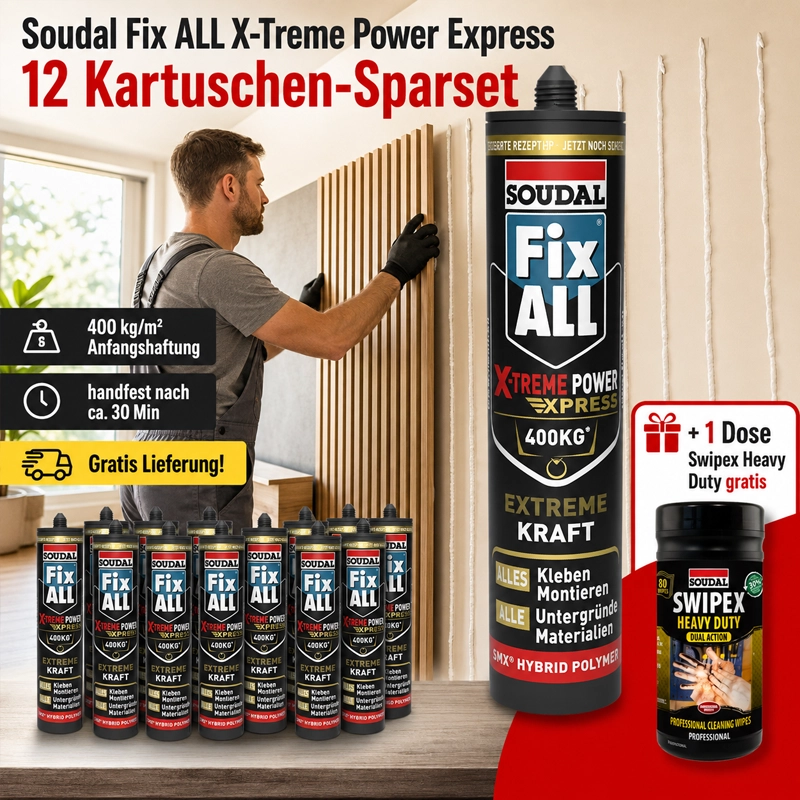 Aktion 12 x 400 g Soudal Montagekleber Fix All X-treme Express + Swipex