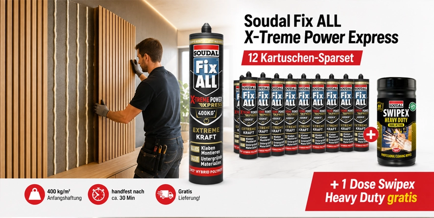 Aktion 12 x 400 g Soudal Montagekleber Fix All X-treme Express + Swipex