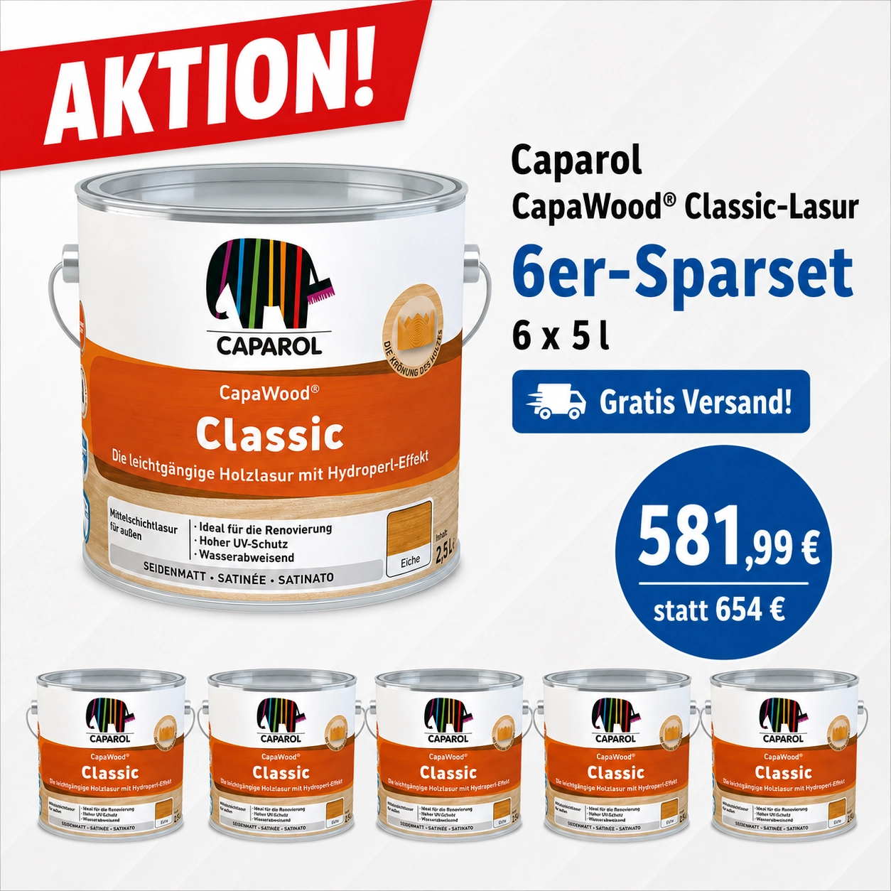 Aktion 6 x 5 l CapaWood® Classic Lasur (vormals DANSKE Classic-Lasur)